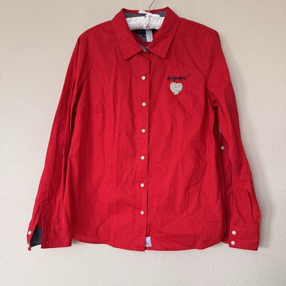 Tommy Hilfiger Women’s Large Button Down Shirt Red Love You More Stitching - Picture 2 of 7